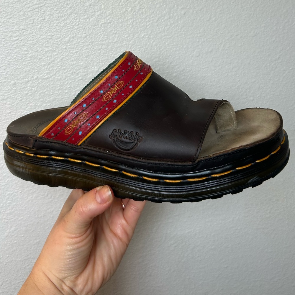 Dr. Martens Brown Leather Slide Sandals with Red Accent